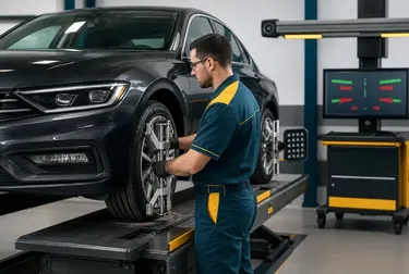 Equipamento sendo utilizado para alinhamento de rodas em uma borracharia.