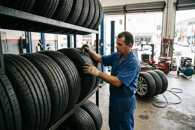 Pneus exibindo boa condição em uma borracharia, prontos para uso.
