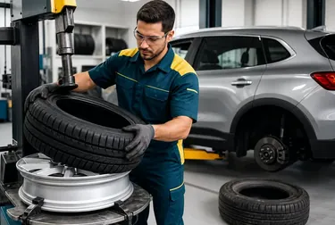 Profissionais trocando pneus em uma borracharia.