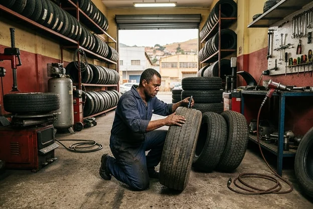 Profissional avaliando pneus em uma borracharia, com várias opções ao redor.