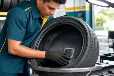 Profissional consertando um pneu em uma borracharia.
