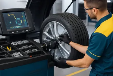 Profissional realizando balanceamento de rodas em uma borracharia.